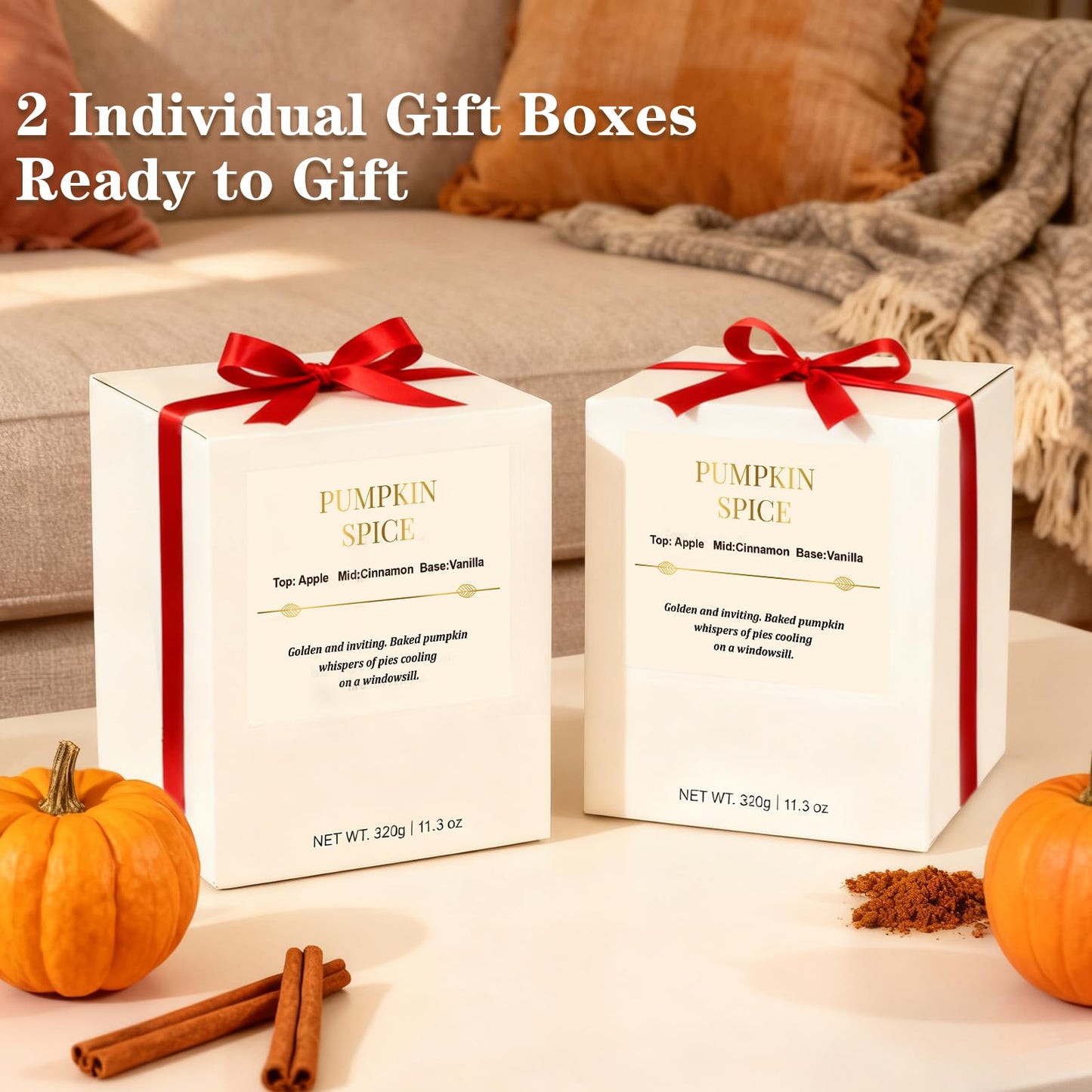 Fall Candle Gift Set – 2-Pack Wood Wick Pumpkin Spice Soy Candles with Gift Boxes (22.6 oz)