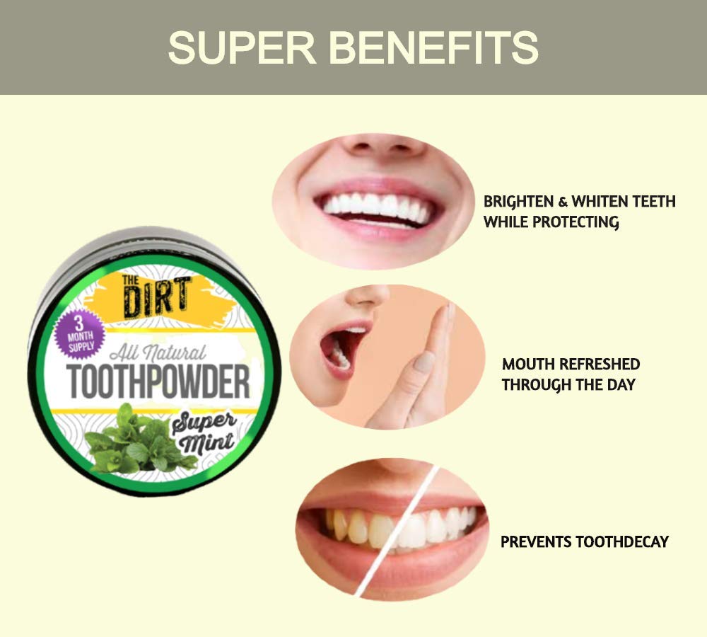 The Dirt Remineralizing Tooth Powder - Hydroxyapatite, Fluoride Free, Gluten Free, Organic Vegan (Super Mint, 25g)