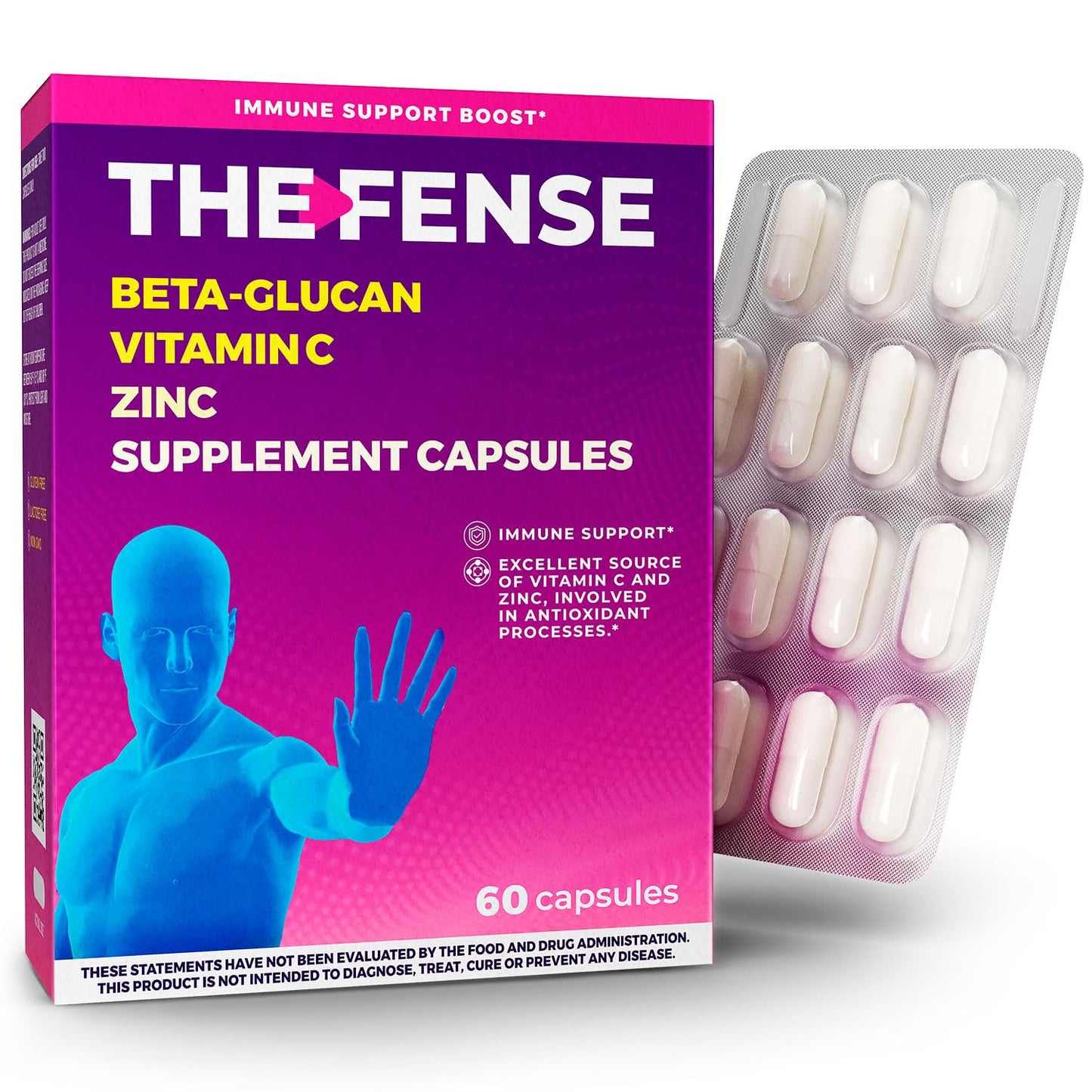 THE-FENSE Beta-Glucan, Vitamin C - Zinc - Immune Support, Gluten-Free, Non-GMO - 60 Caps