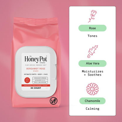 The Honey Pot Bergamot Rose Feminine Wipes - 30 ct | Daily PH Balance, Fragrance & Sulfate Free