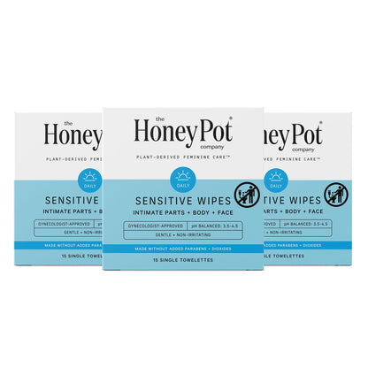 The Honey Pot Company - Sensitive Feminine Wipes | Daily pH Balancing, Fragrance & Sulfate-Free, Individually Wrapped (15 Ct Pack of 3)