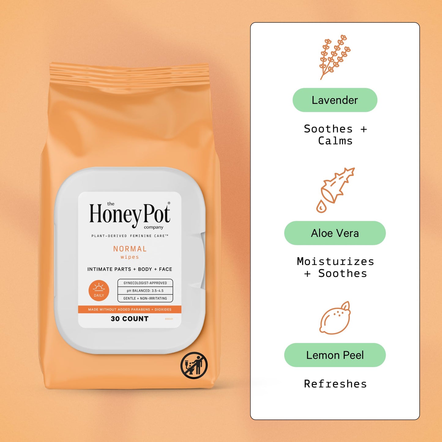 The Honey Pot Company - Feminine Wipes, Daily pH Balance, Fragrance & Sulfate Free, Normal 30 ct