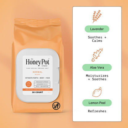 The Honey Pot Company - Feminine Wipes, Daily pH Balance, Fragrance & Sulfate Free, Normal 30 ct
