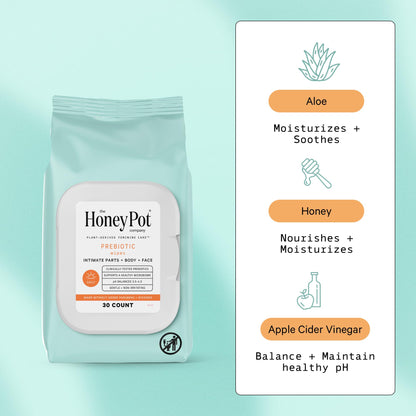The Honey Pot Company Prebiotic Feminine Wipes – Daily pH Balance, Fragrance, Sulfate Free (30 ct)