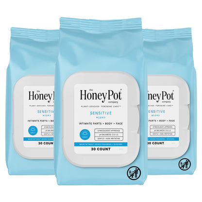 The Honey Pot Company - Sensitive Feminine Wipes | Daily pH Balance, Plant-Derived & Hypoallergenic, 30 Ct Pack of 3
