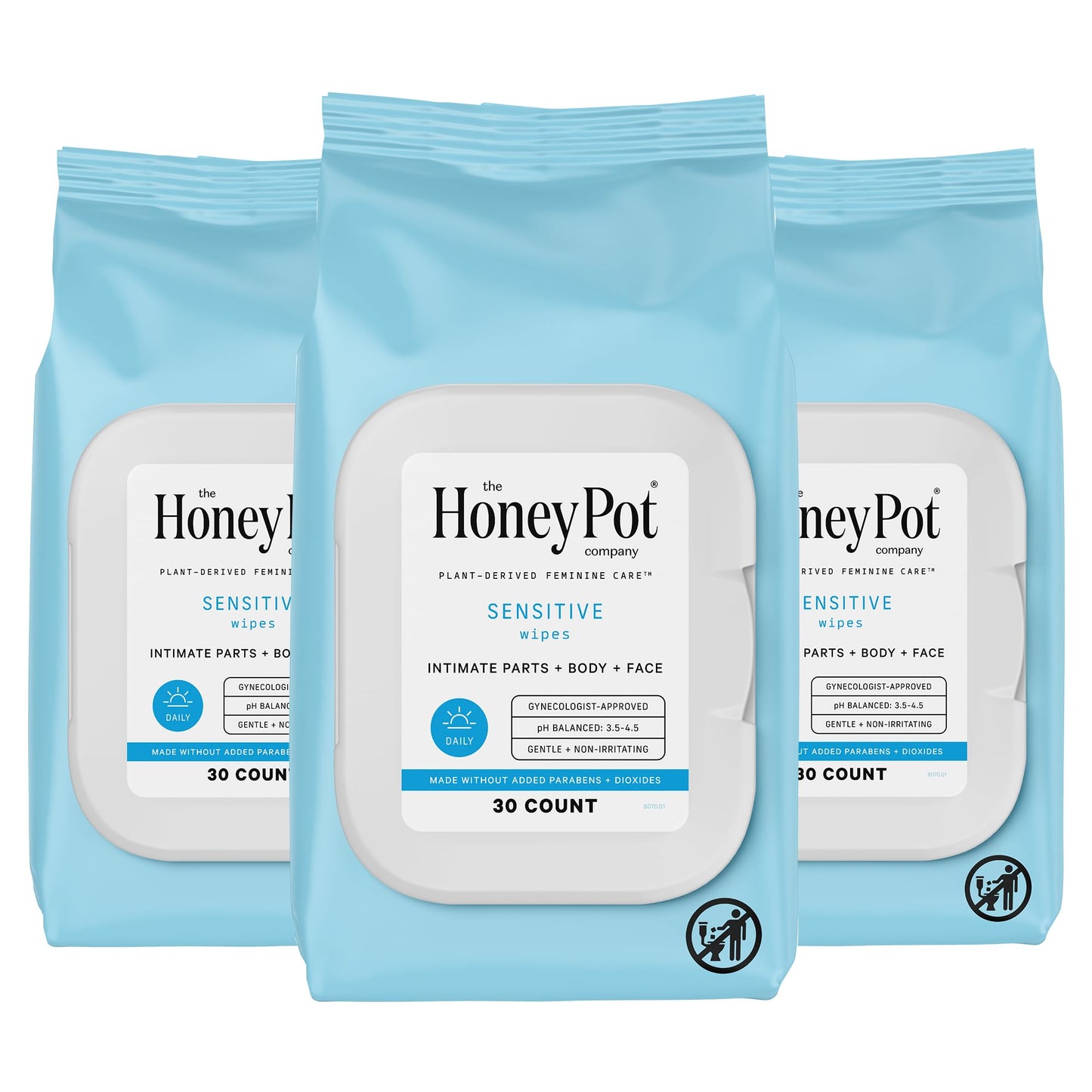 The Honey Pot Company - Sensitive Feminine Wipes | Daily pH Balance, Plant-Derived & Hypoallergenic, 30 Ct Pack of 3