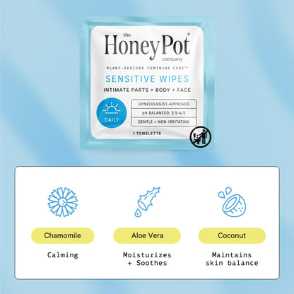 The Honey Pot Company - Sensitive Feminine Wipes | Daily pH Balancing, Fragrance & Sulfate-Free, Individually Wrapped (15 Ct Pack of 3)