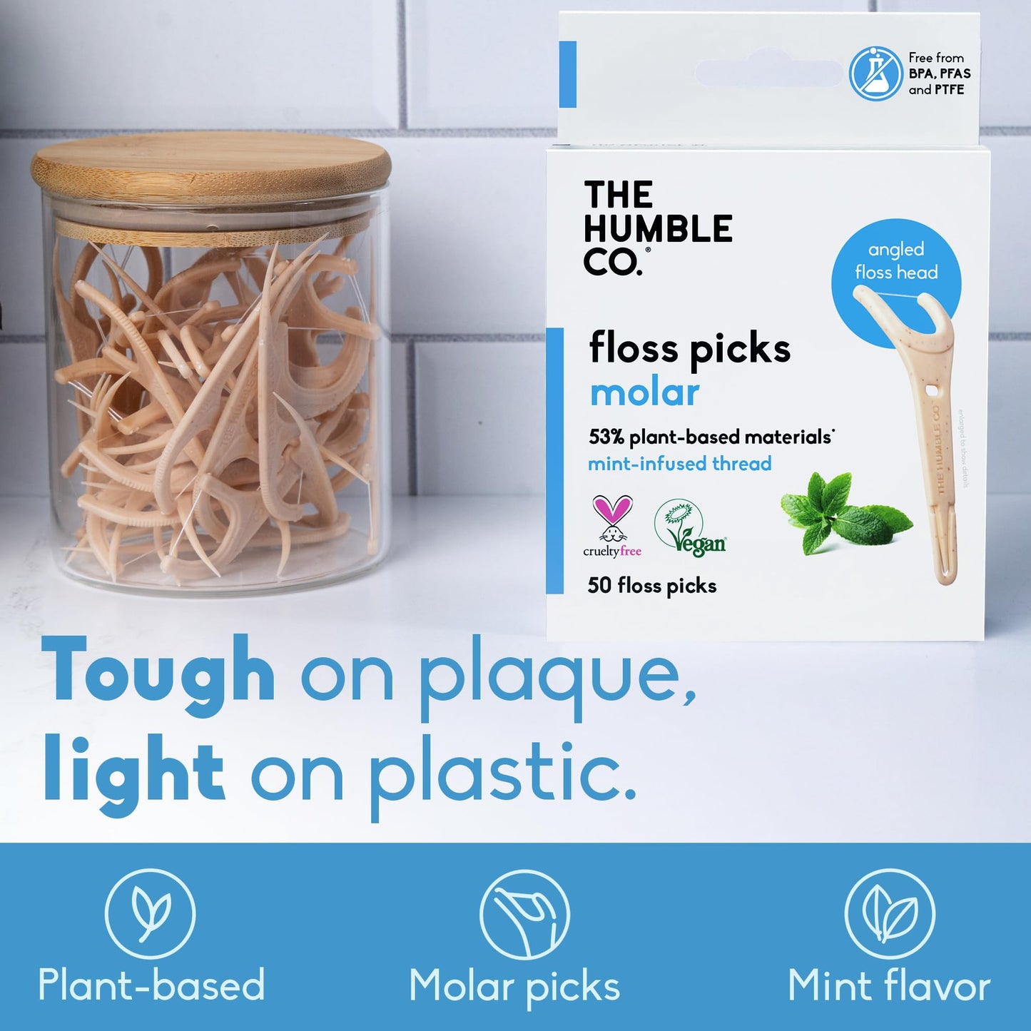 The Humble Co Molar Floss Picks – 200 Count (Mint) Angled Flossers for Molars & Back Teeth | Plant-Based, Less Plastic