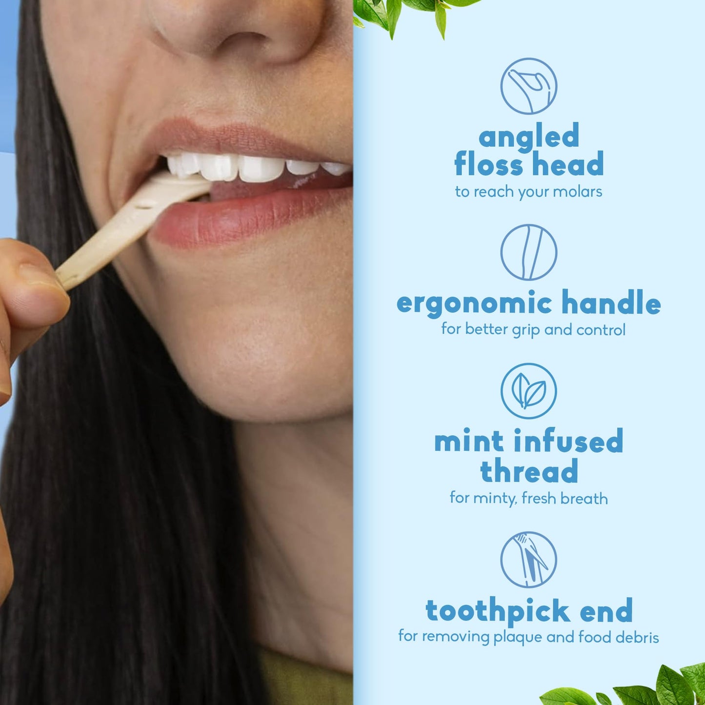 The Humble Co Molar Floss Picks – 200 Count (Mint) Angled Flossers for Molars & Back Teeth | Plant-Based, Less Plastic