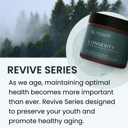 The Wellness Company Longevity – Mitochondria Efficiency, DNA Repair, Cellular Senescense - NR, Lipsomal Glutathione, Resveratrol, Bifidobacterium 15B CFU | 60ct (1 Month Supply)