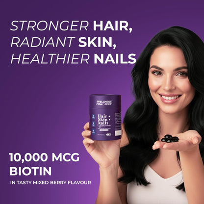 The Wellness Project 14-in-1 Hair, Skin & Nails Gummies – 10,000 mcg Biotin, Mixed Berry