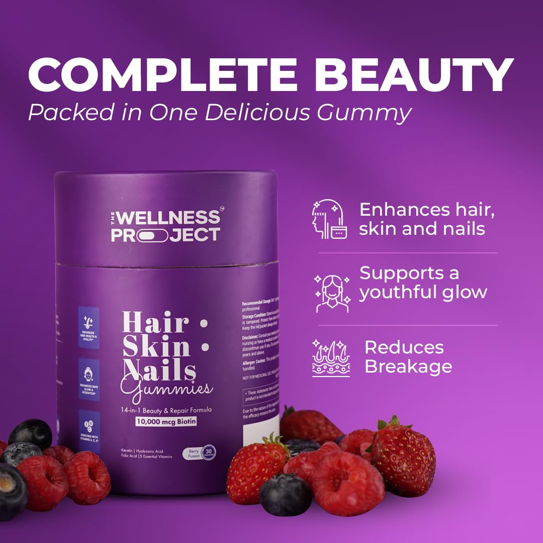 The Wellness Project 14-in-1 Hair, Skin & Nails Gummies – 10,000 mcg Biotin, Mixed Berry