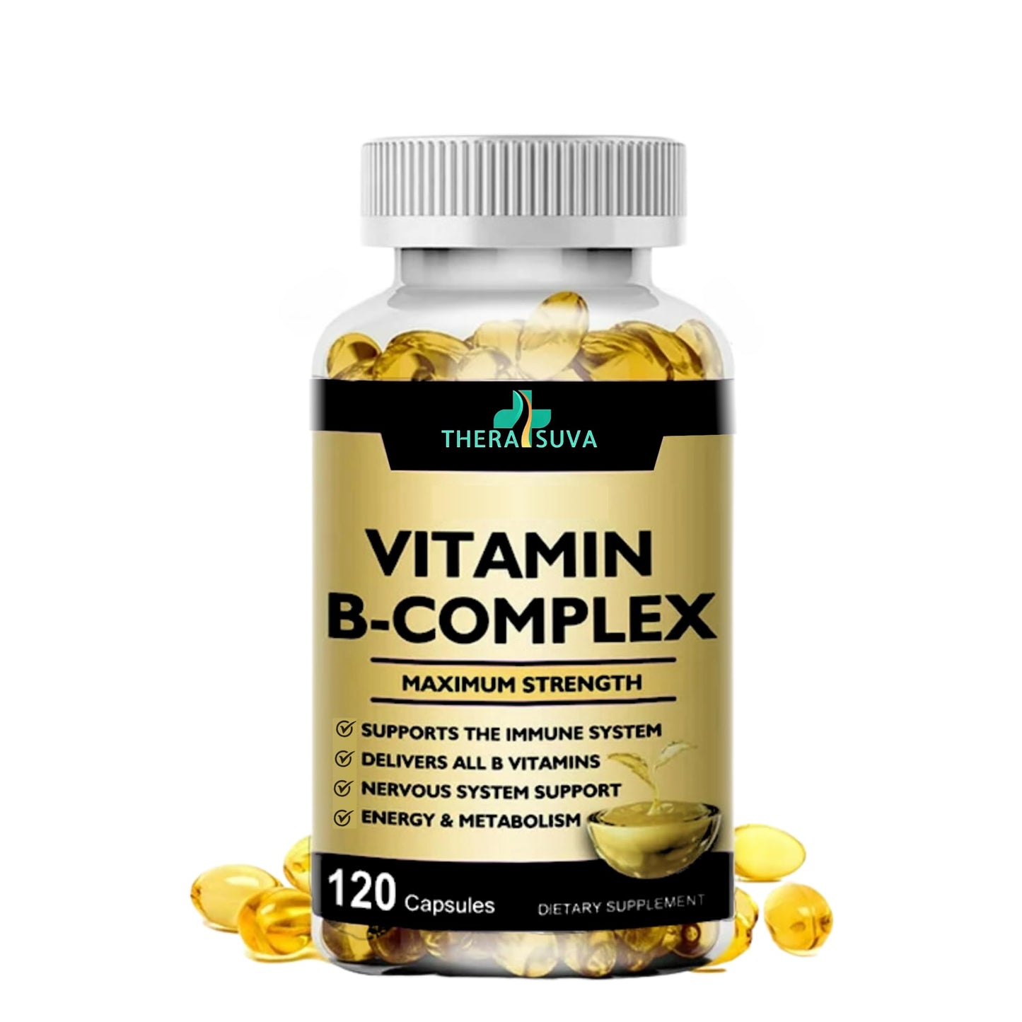 TheraSuva Vitamin B-Complex + CoQ10 + Vitamin C – Max Strength, 120 Softgels, 60 Day Supply
