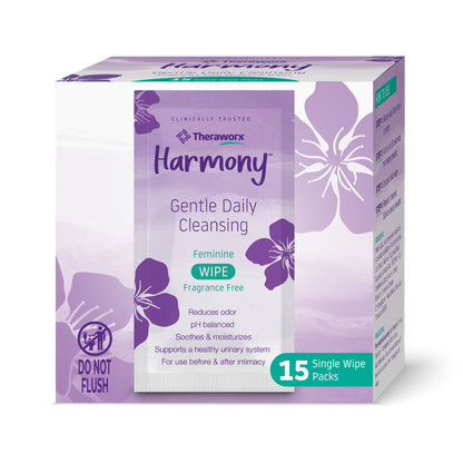 Theraworx Harmony Gentle Daily Cleansing Feminine Wipes – Fragrance Free, Travel Size, 15 Count