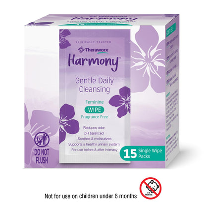 Theraworx Harmony Gentle Daily Cleansing Feminine Wipes – Fragrance Free, Travel Size, 15 Count
