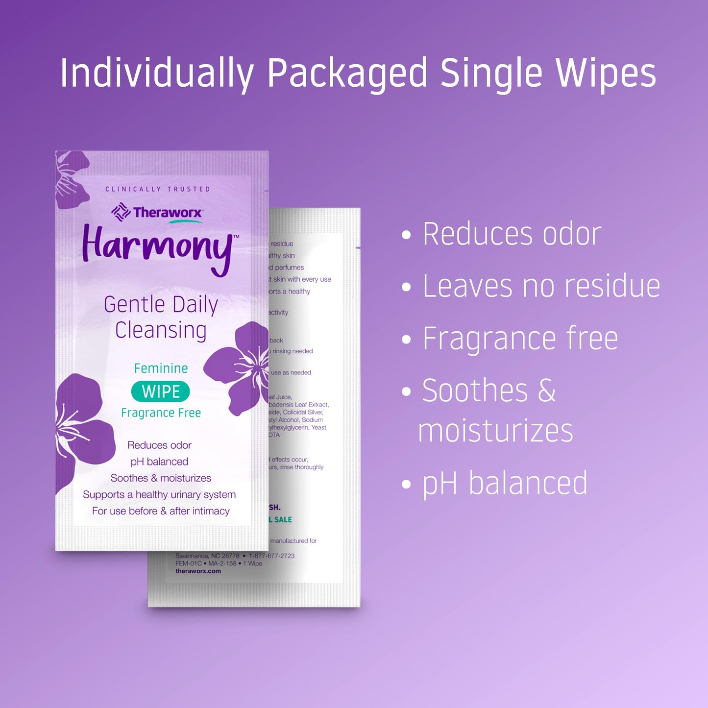 Theraworx Harmony Gentle Daily Cleansing Feminine Wipes – Fragrance Free, Travel Size, 15 Count