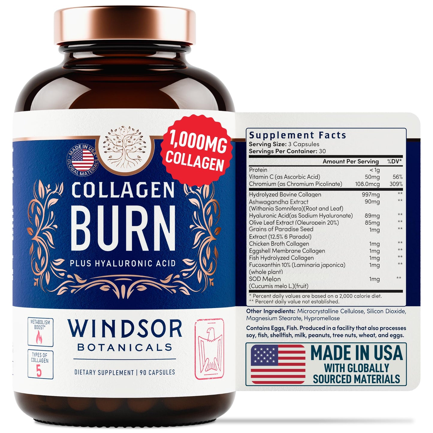 Thermogenic Multi Collagen Burn Capsules – Hydrolyzed Collagen Types I–X, Hyaluronic Acid | 90 Pills