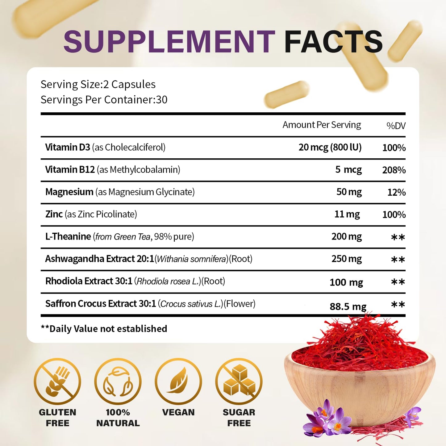 Theronika Aly Saffron Supplements – 88.5 mg Saffron Extract, Vegan Capsules for Mood, Energy & Focus (60 ct)