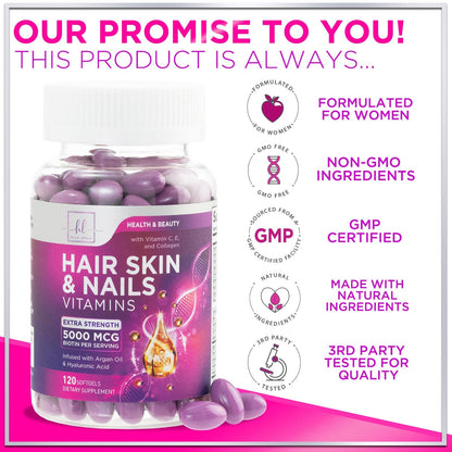 Hair, Skin & Nails Vitamins for Women - Biotin 5000mcg + Argan Oil, Collagen & Hyaluronic Acid | 120 Softgels