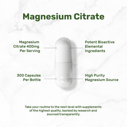 Magnesium Citrate 400mg – 300 Veggie Capsules | Chelated & High Absorption