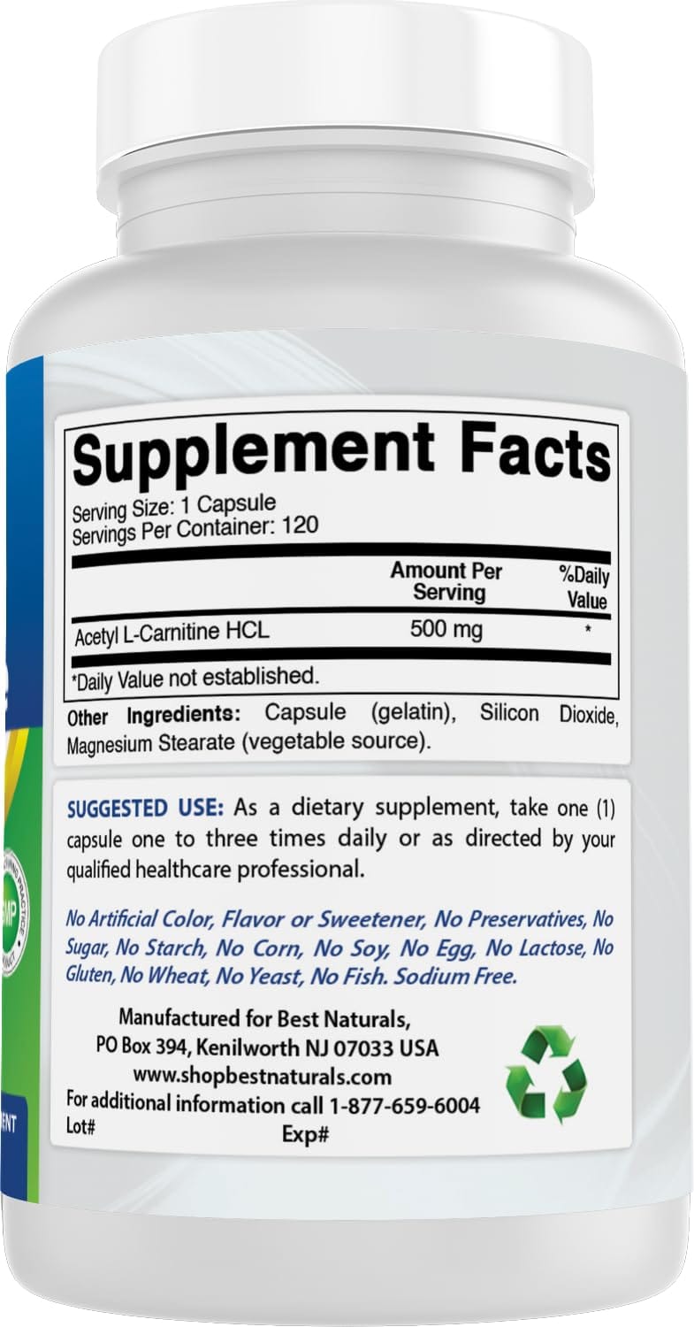 Best Naturals Acetyl L-Carnitine 500mg – 120 Servings (3 Pack) | Non-GMO & Gluten Free