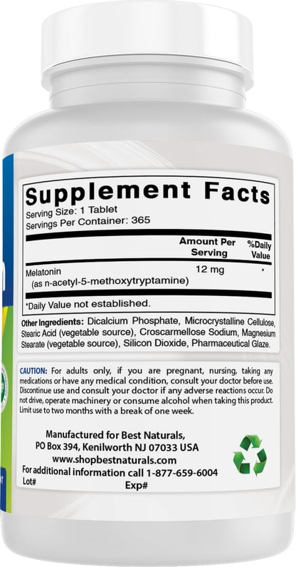 Best Naturals Melatonin 12 mg (365 Count Pack of 2) - Drug-Free Sleep Aid