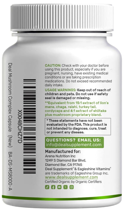 Organic 10-in-1 Mushroom Supplement – 240 Capsules – Immune & Nootropic Support (Non-GMO)