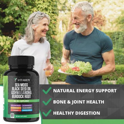 Sea Moss Black Seed Oil Ashwagandha Turmeric Burdock Root | All-in-One Sea Moss Capsules - 60 Count