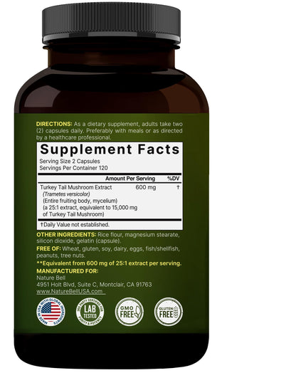 NatureBell Turkey Tail Mushroom Capsules – 15,000mg per Serving | 240 Count | 25:1 Extract for Immune & Brain Health