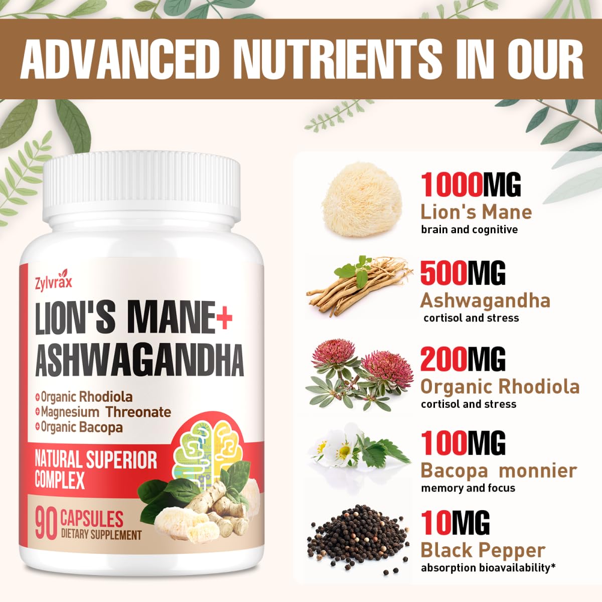 Ashwagandha & Lions Mane Capsules for Brain, Memory & Focus | 90 Capsules