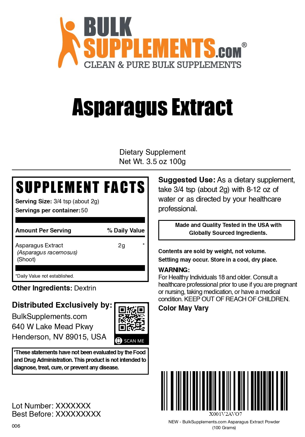 Asparagus Extract Powder & Shatavari – Gluten Free, 2g Serving, 100g