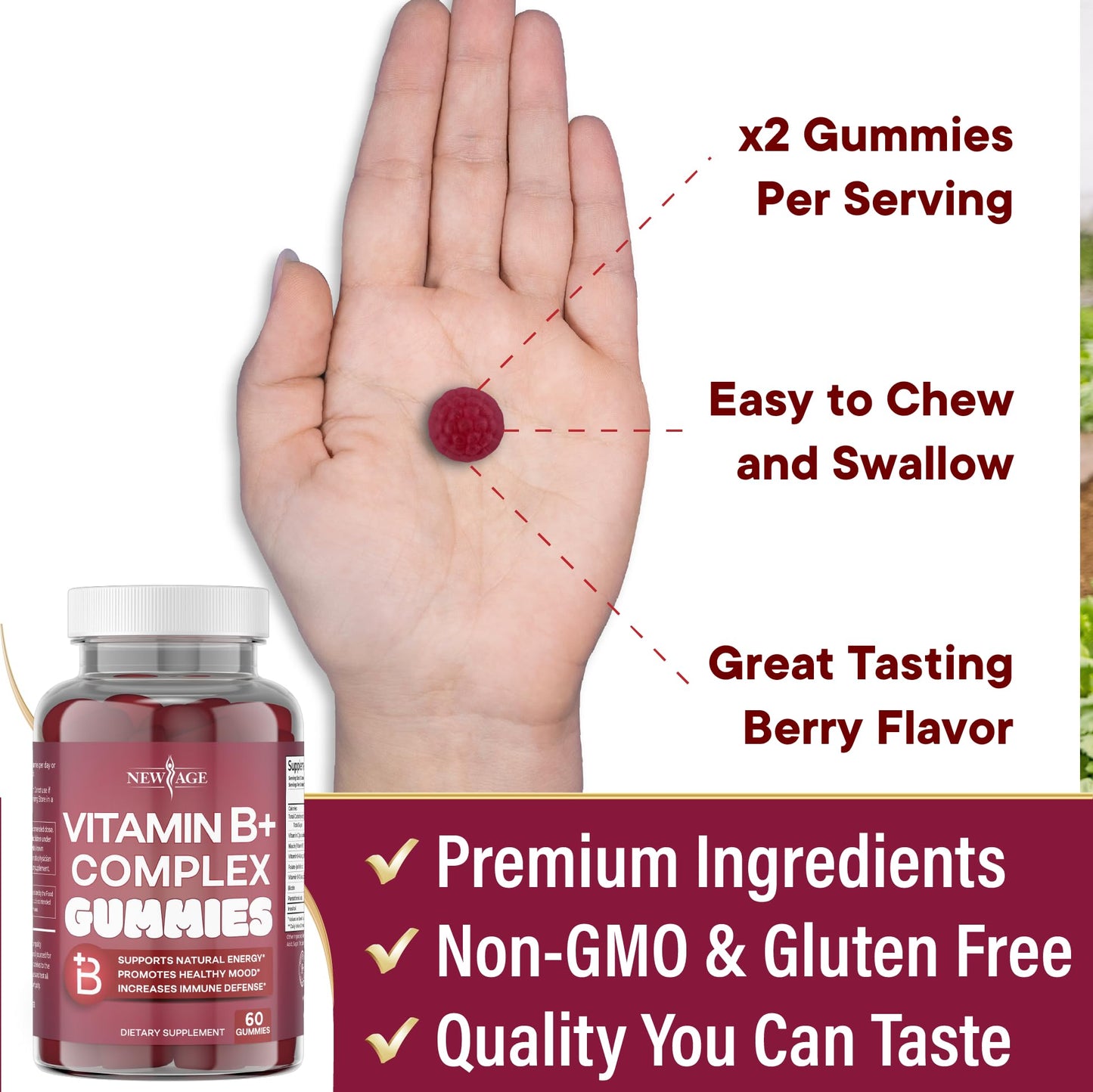 NEW AGE Vitamin B Complex Gummies – B3, B6, B12, Biotin, Folic Acid & Vitamin C | Gluten-Free, Vegan | Made in USA (120 Count Pack of 2)