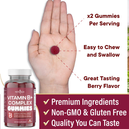 NEW AGE Vitamin B Complex Gummies – B3, B6, B12, Biotin, Folic Acid & Vitamin C | Gluten-Free, Vegan | Made in USA (120 Count Pack of 2)