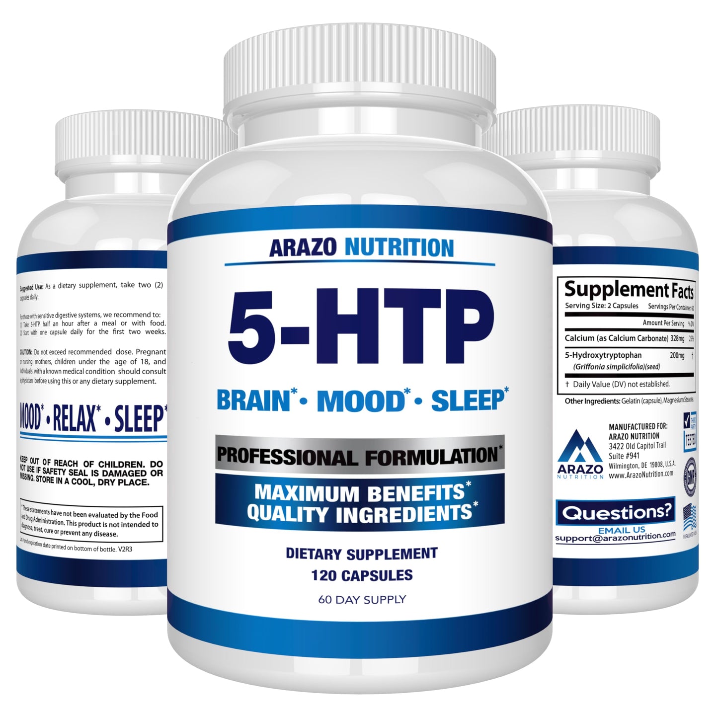5-HTP 200 mg Plus Calcium – Mood & Sleep Support | 120 Capsules | Arazo Nutrition