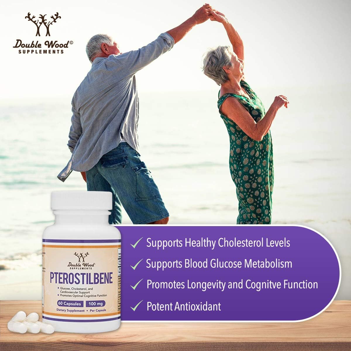 Pterostilbene 100mg Capsules – 60 Count | Non-GMO, Gluten Free | Third-Party Tested | Double Wood