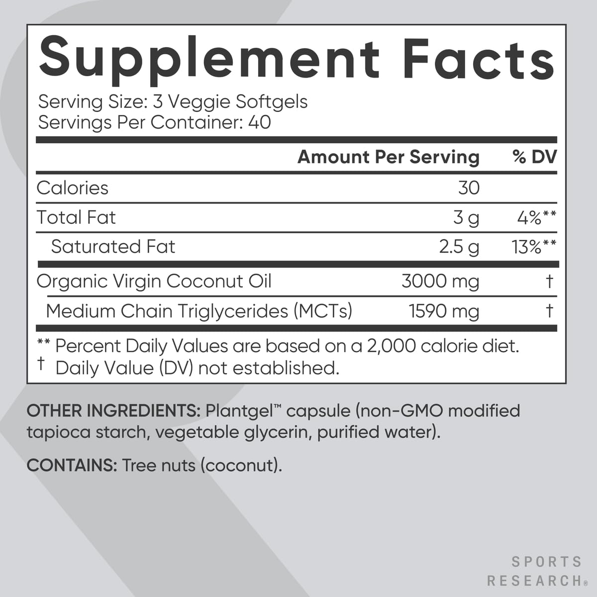 Sports Research Organic Coconut Oil Capsules 3000MG - Cold Pressed MCTs - 120 Softgels