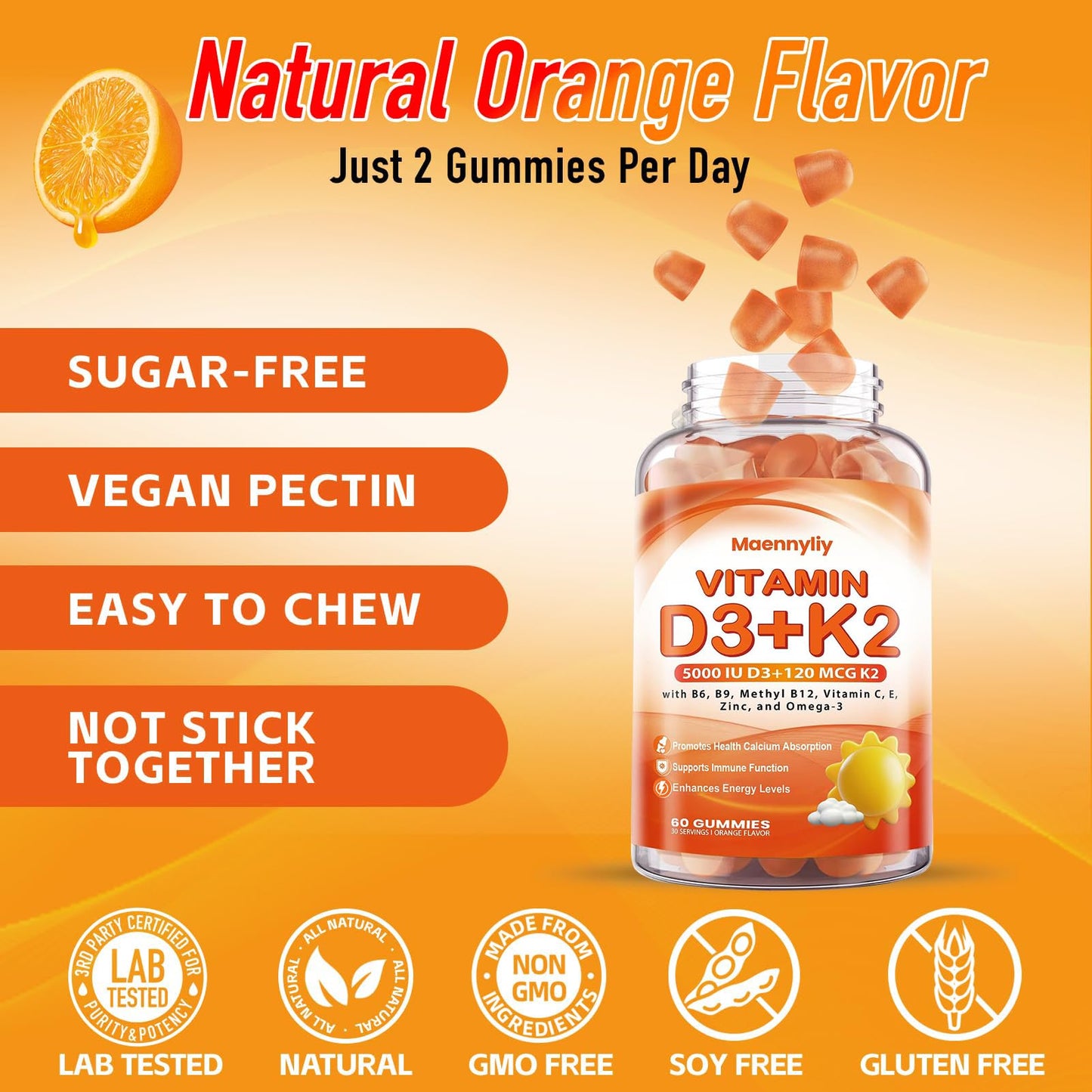 Vitamin D3 K2 Gummies for Adults – 5000IU D3 + 120mcg MK-7 K2 | Sugar-Free, Omega-3 & B Vitamins