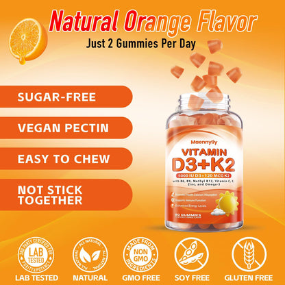 Vitamin D3 K2 Gummies for Adults – 5000IU D3 + 120mcg MK-7 K2 | Sugar-Free, Omega-3 & B Vitamins