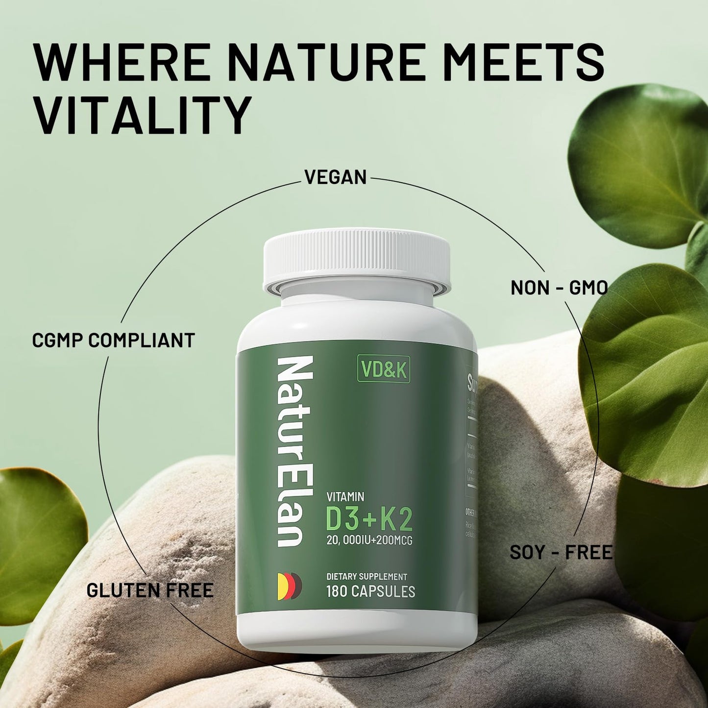 Vitamin D3 K2 20,000 IU MK-7 - 180 Vegan Capsules