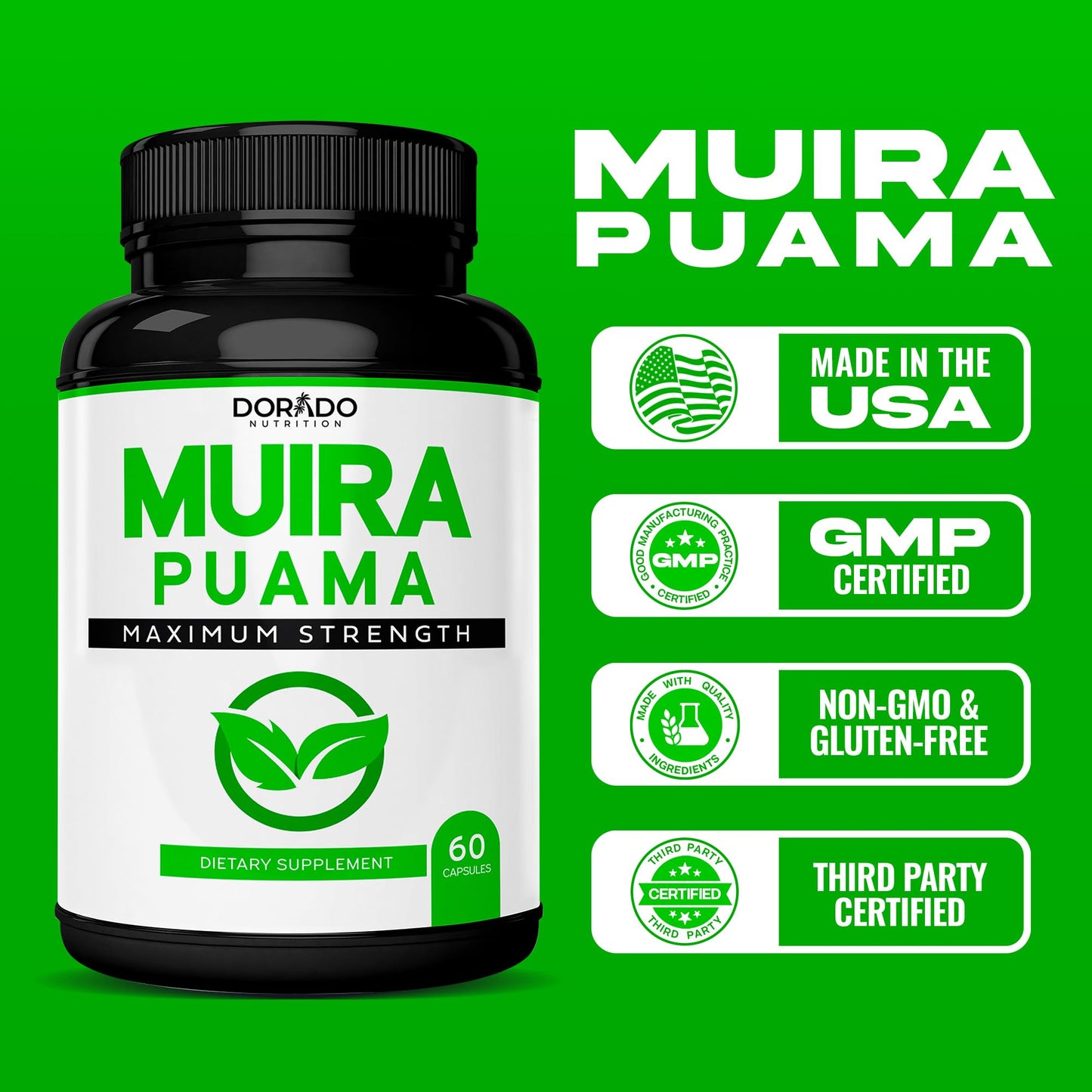 Muira Puama Root Extract 1000mg - 60 Capsules - USA Made, Non-GMO, Gluten Free