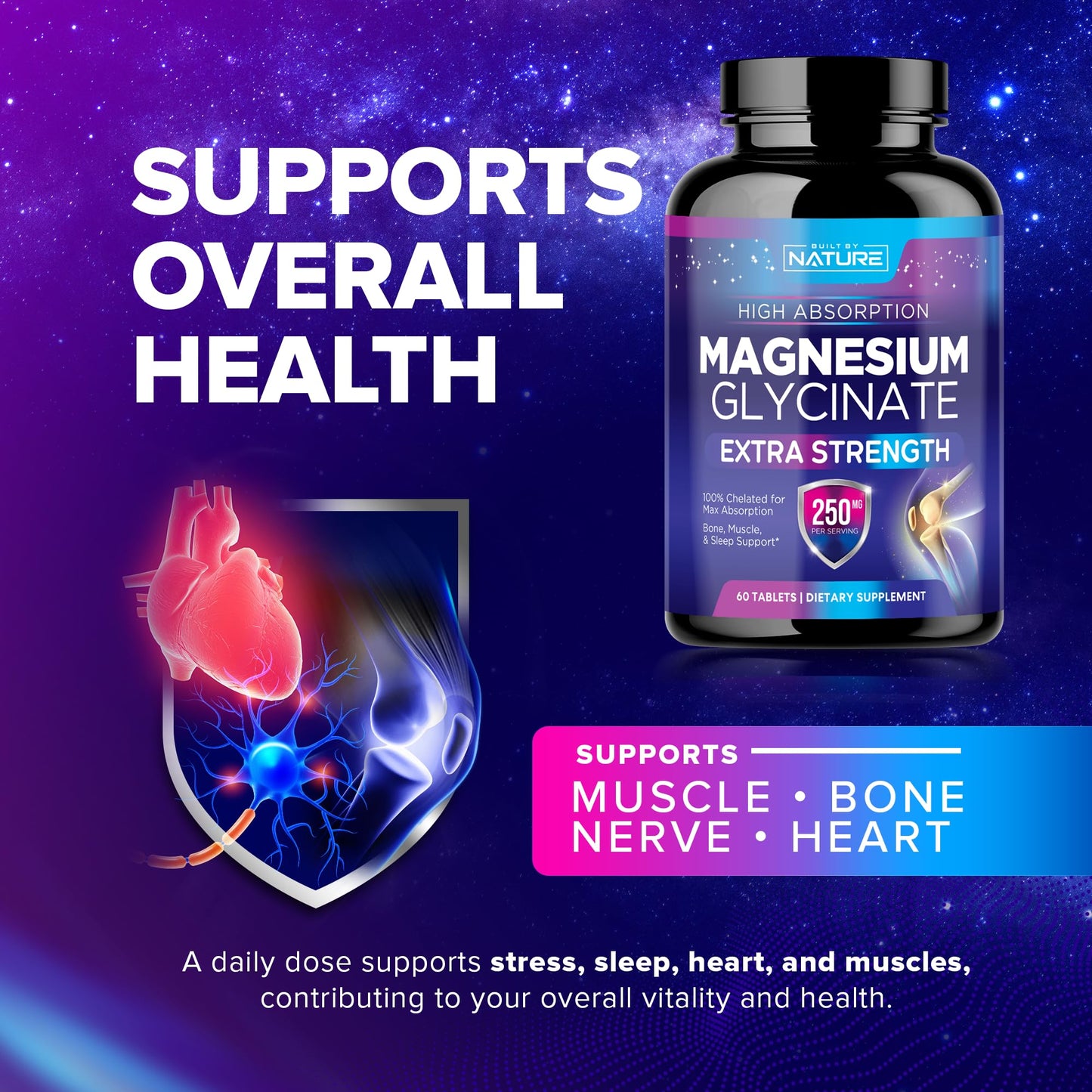 Magnesium Glycinate 250mg - High Absorption Chelated Magnesium Supplement for Stress, Sleep, Heart & Muscle Health - 100% Pure, Non-GMO, Vegan, Gluten-Free (60 Tablets)