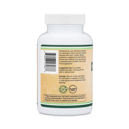 Colostrum Supplement 120 Capsules, 1,000mg per Serving | First Milking Bovine Colostrum (15% IgG) | No Fillers | Third-Party Tested by Double Wood