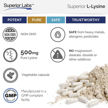 Superior Labs L-Lysine 500 mg Capsules – Third-Party Tested, Non-GMO, Gluten Free | 120 Caps