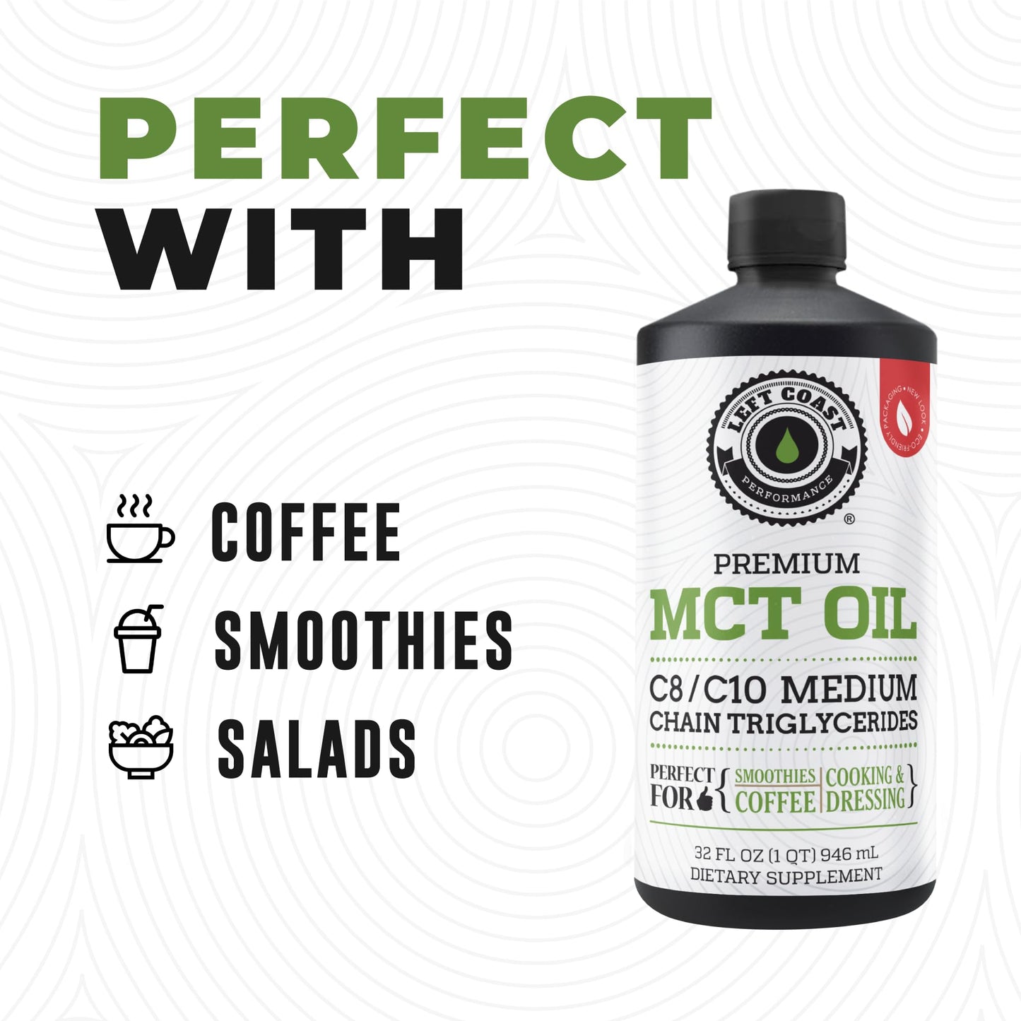 100% Coconut MCT Oil Liquid – C8 C10 for Sustained Mental Energy & Focus | Palm Free, Vegan, Keto & Paleo | 32 oz (60+ Servings)