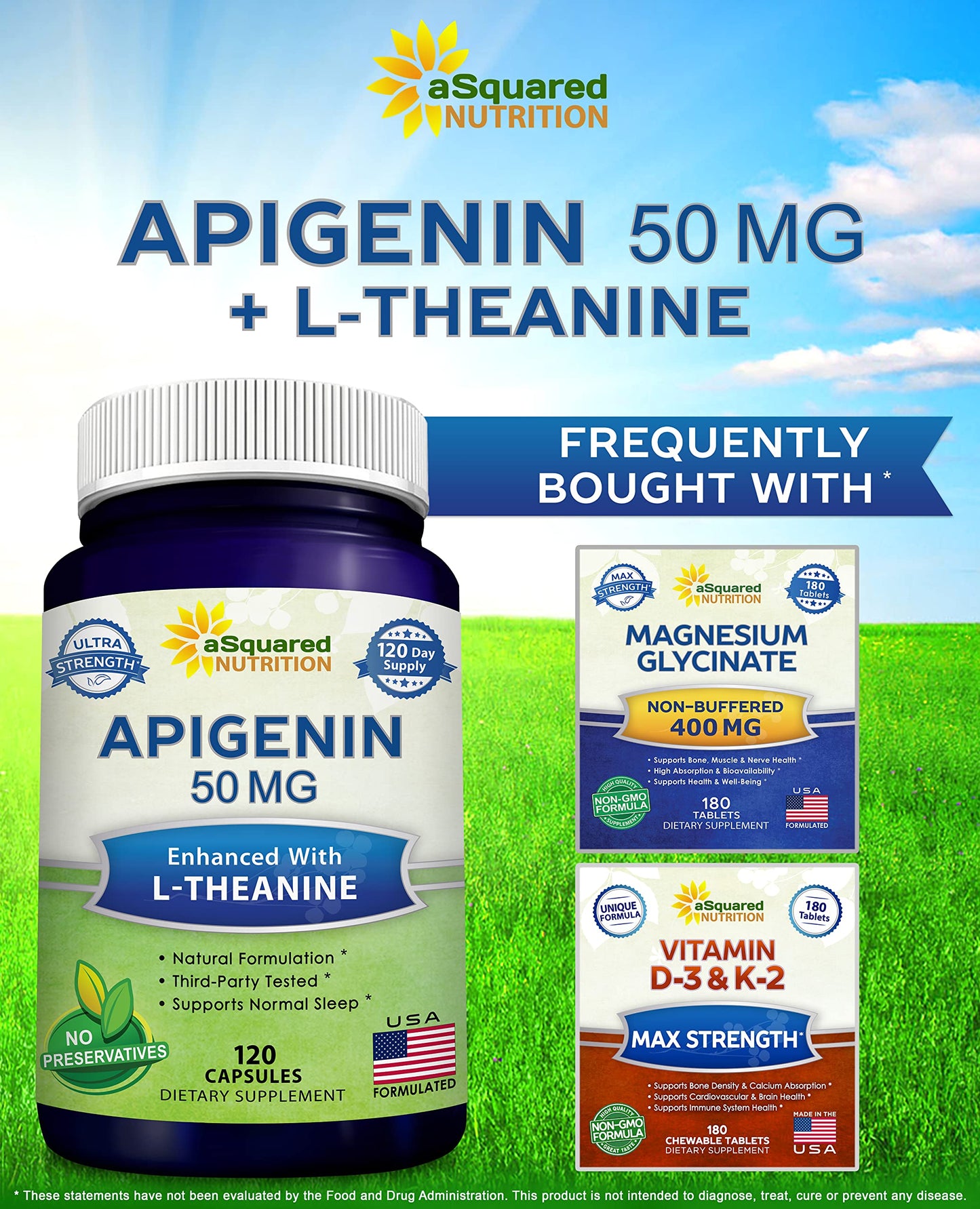 aSquared Nutrition Apigenin 50mg & L-Theanine 200mg – 120 Capsules for Sleep & Relaxation