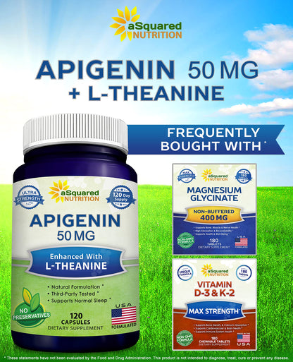 aSquared Nutrition Apigenin 50mg & L-Theanine 200mg – 120 Capsules for Sleep & Relaxation