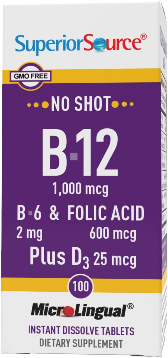 Superior Source No Shot B-12 1000 mcg + B-6, Folic Acid & D-3 1000 IU – Sublingual Tablets (Pack of 2)