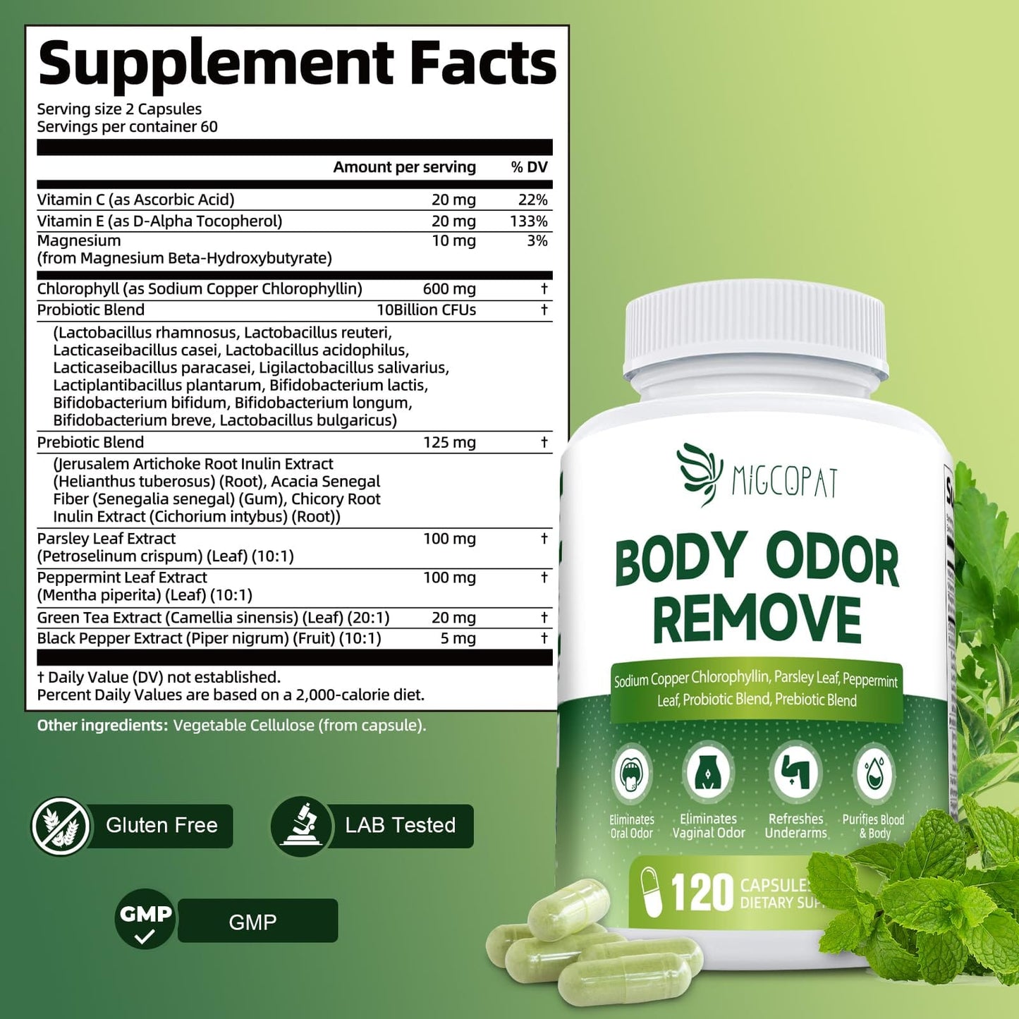 Chlorophyll Body Deodorizing Supplement – 120 Caps, Parsley & Peppermint