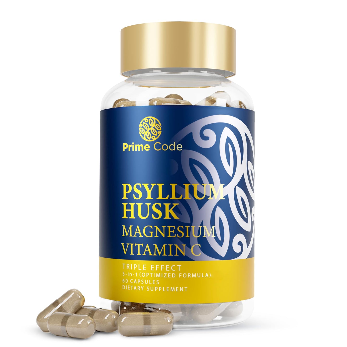 Prime Code Psyllium Husk Capsules 1000mg with Magnesium Citrate & Vitamin C | Non-GMO, Gluten & Soy Free | Vegan