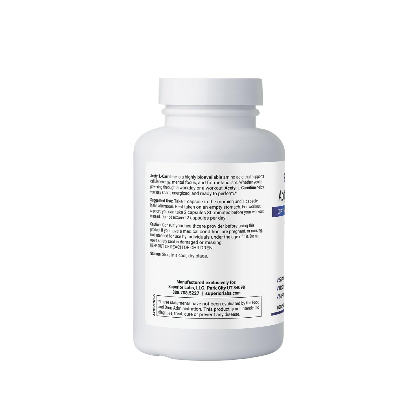 Superior Labs Acetyl L-Carnitine 500 mg - 200 Veg Caps - Non-GMO